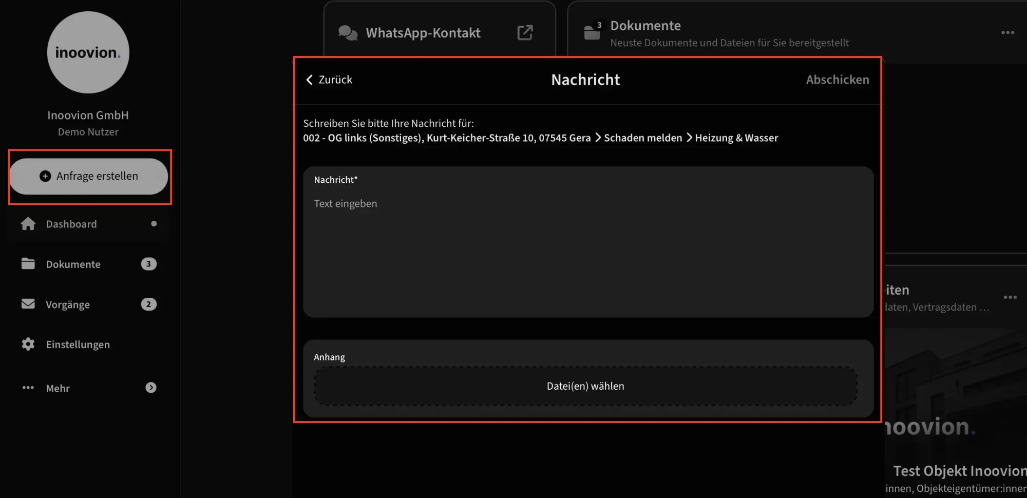 Hausverwaltung Portal mit Anfrageformular für Schäden und Rückfragen inklusive direkter Zuordnung zur zuständigen Person