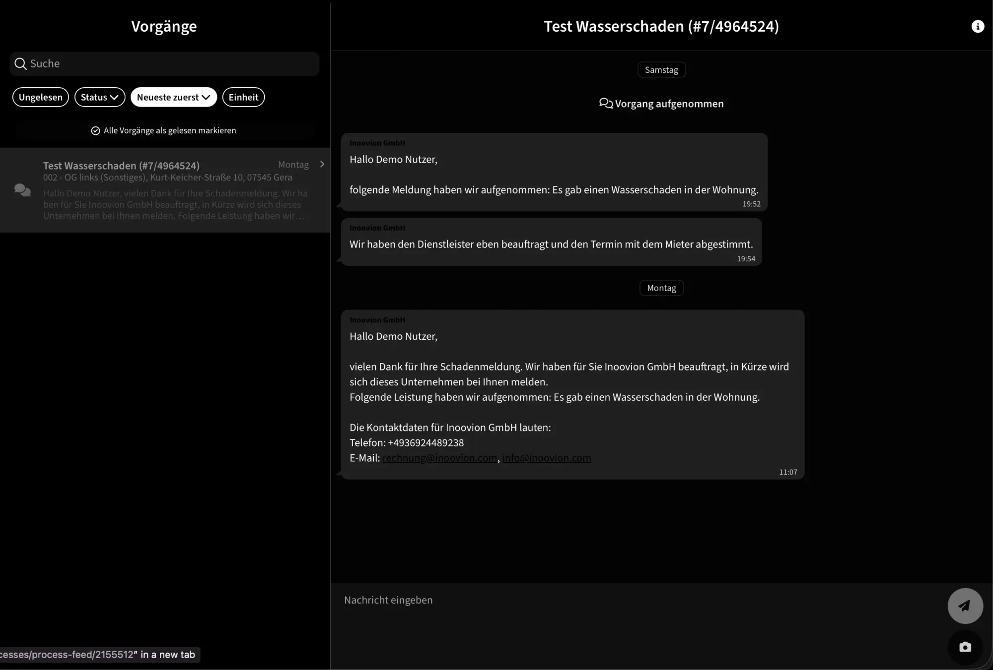 Hausverwaltung Portal mit Übersicht laufender Vorgänge und aktuellem Bearbeitungsstatus für Eigentümer