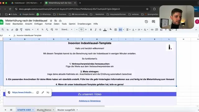 Screenshot aus dem Video mit dem Template zur Indexmiete und der Übersicht der vier Schritte Verbraucherpreisindex, Miete, Anschreiben und Anlage