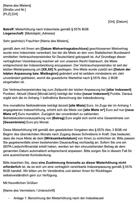Musteranschreiben zur Indexmieterhöhung mit Vertragsbezug, bisherigen und neuen Indexwerten sowie alter und neuer Miete