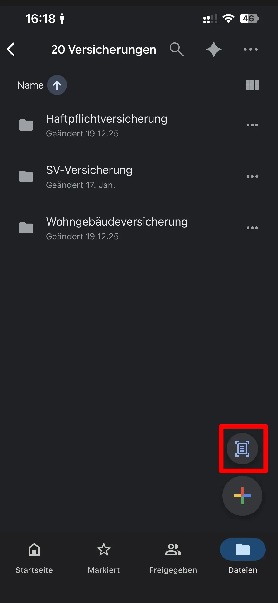 Scan-Button in Google Drive auf dem Smartphone