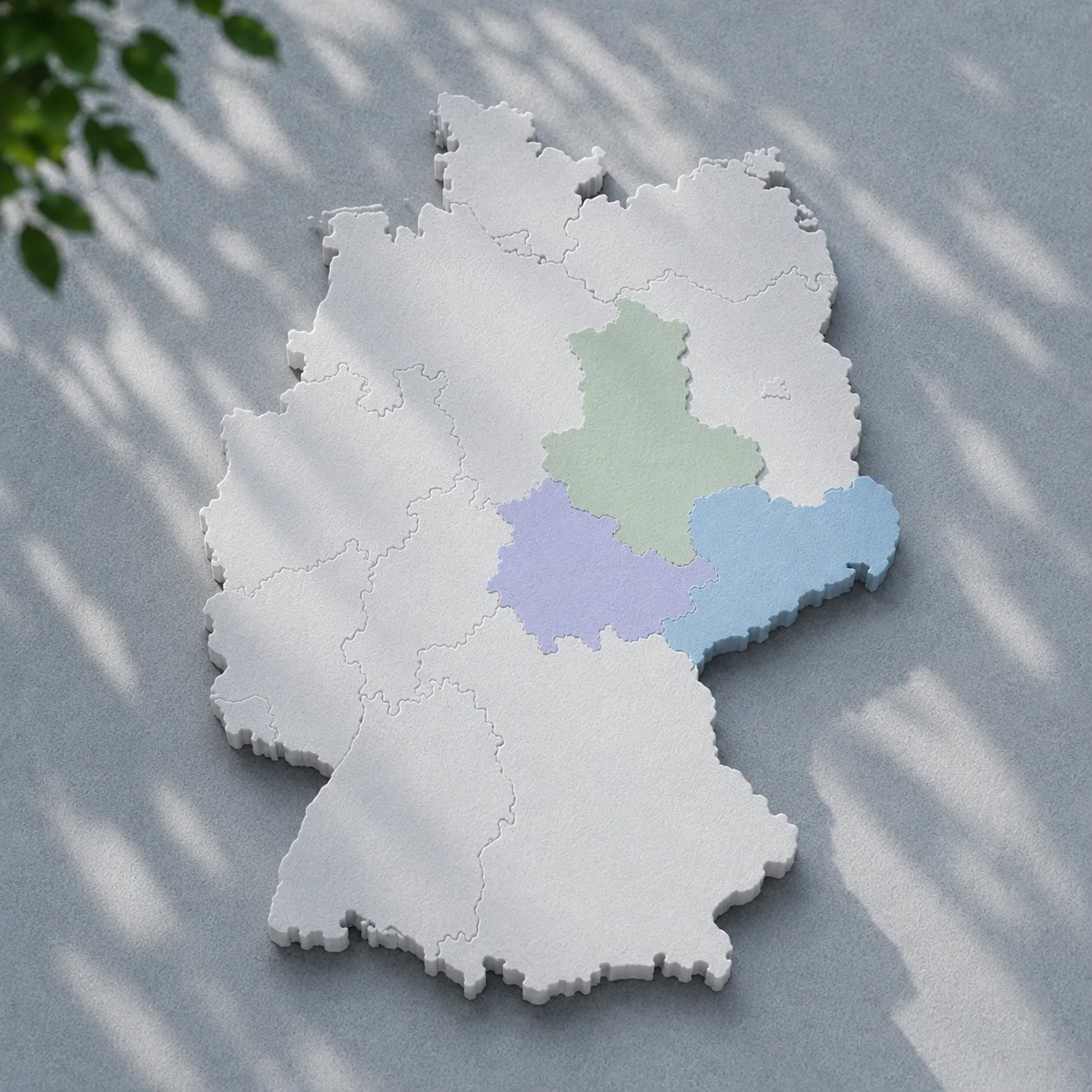 3D-Karte von Ostdeutschland mit Thüringen, Sachsen und Sachsen-Anhalt